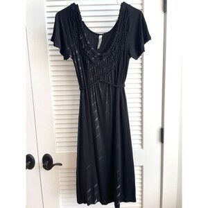 Kische Black Soft Flowy Short Sleeve Milkmaid Dress Midi Empire Tie Waist Medium